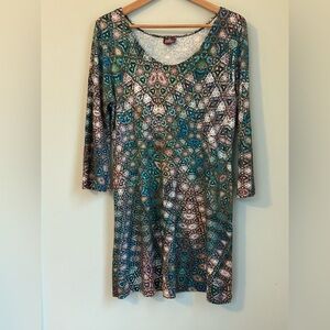 Salaam Jewel Tone Patterned Tunic Dress w/ Bell Sleeves, Size Large
